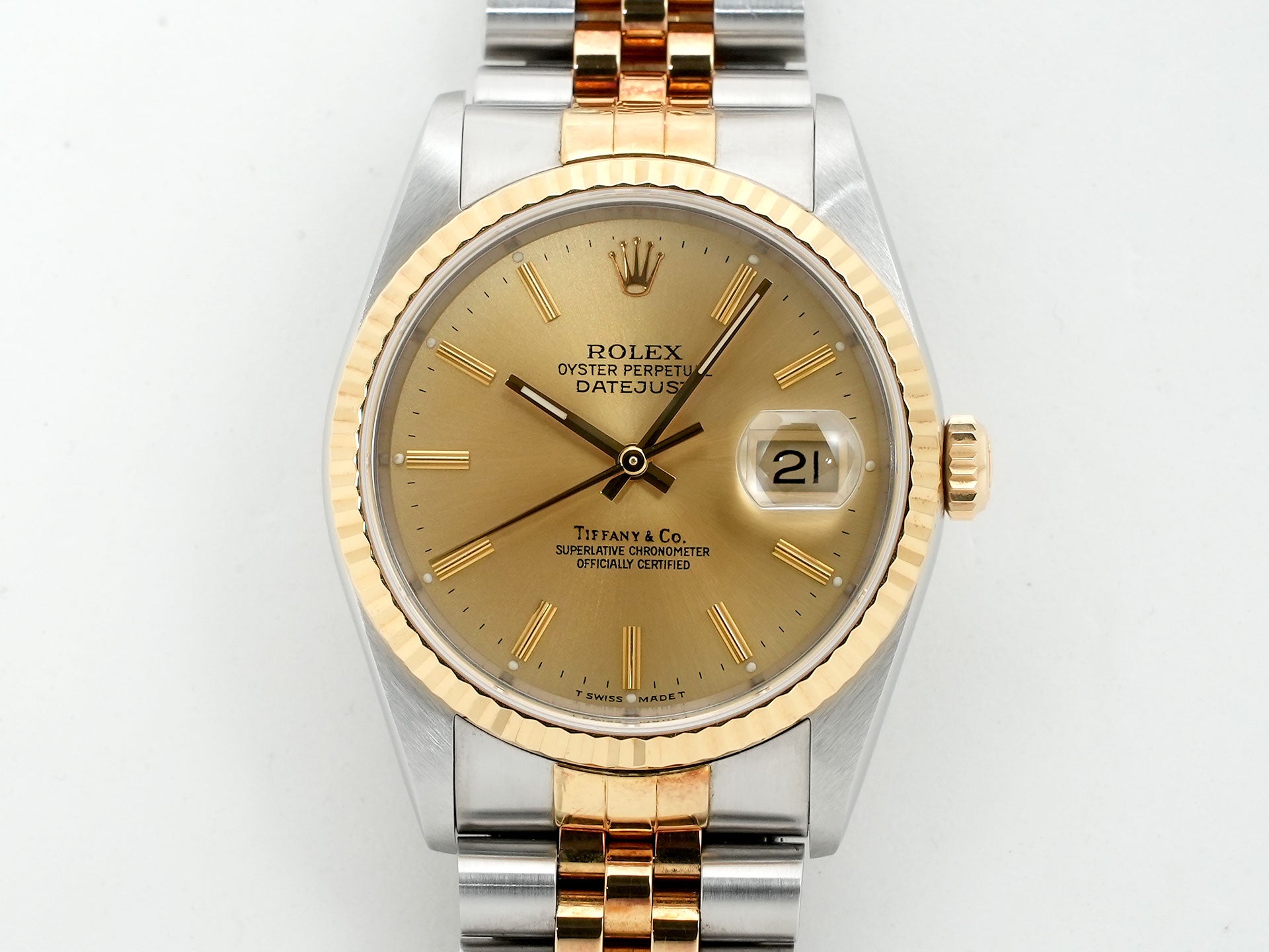 ロレックス デイトジャスト36 TIFFANY Wネーム Ref.16233 ステンレススチール/イエローゴールド シャンパン文字盤 中古 4nn7yapc