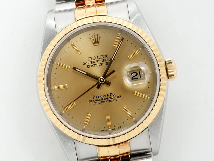 ロレックス デイトジャスト36 TIFFANY Wネーム Ref.16233 ステンレススチール/イエローゴールド シャンパン文字盤 中古 4nn7yapc