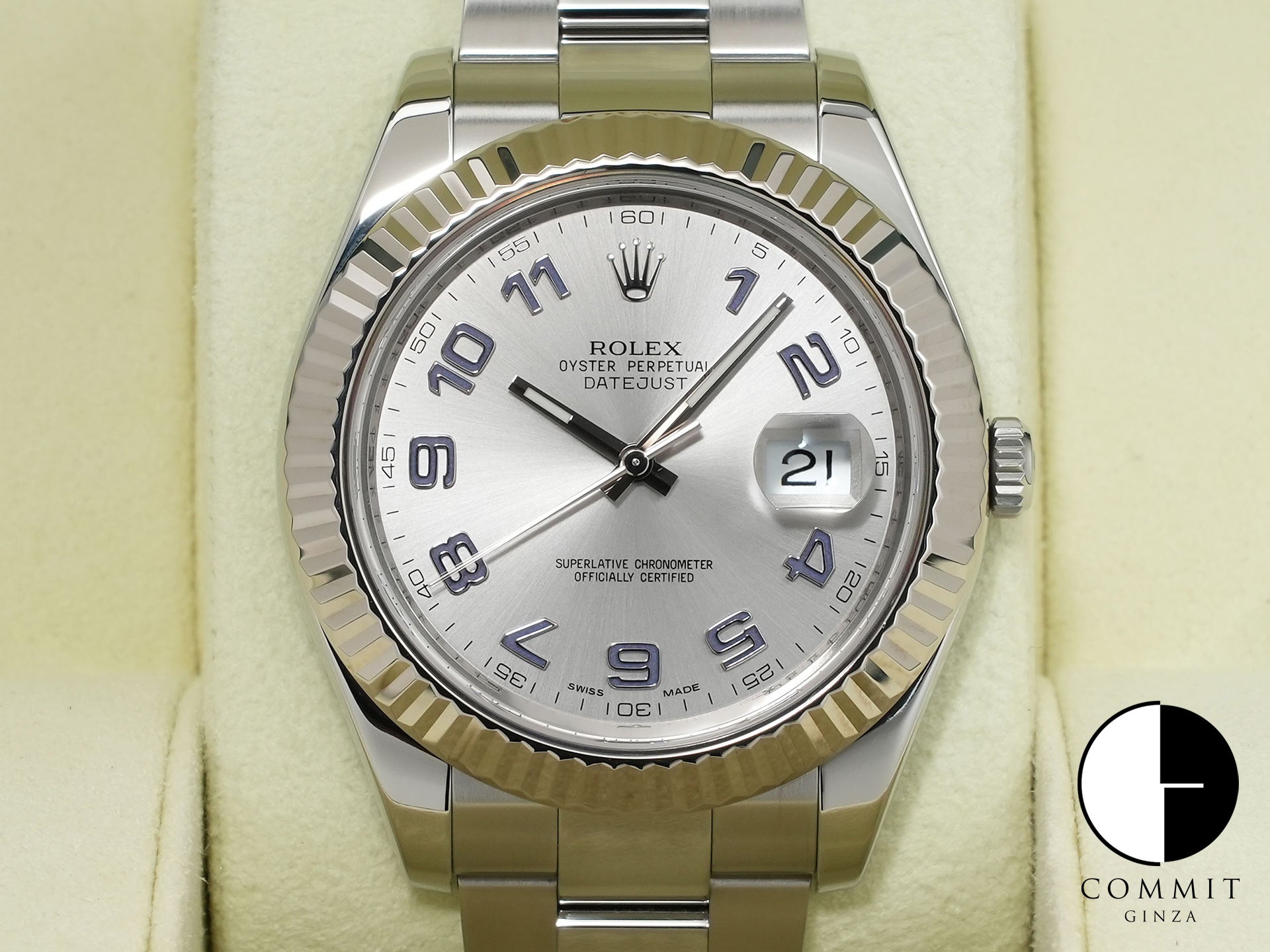 ロレックス デイトジャストII Ref.116334 ステンレススチール/ホワイトゴールド シルバーブルーアラビア文字盤 オイスターブレスレット 美品 3bwmq49b