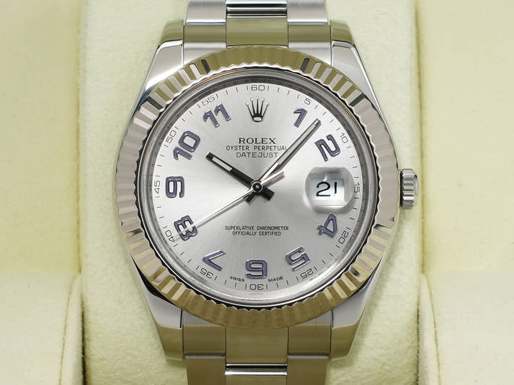 ロレックス デイトジャストII Ref.116334 ステンレススチール/ホワイトゴールド シルバーブルーアラビア文字盤 オイスターブレスレット 美品 3bwmq49b
