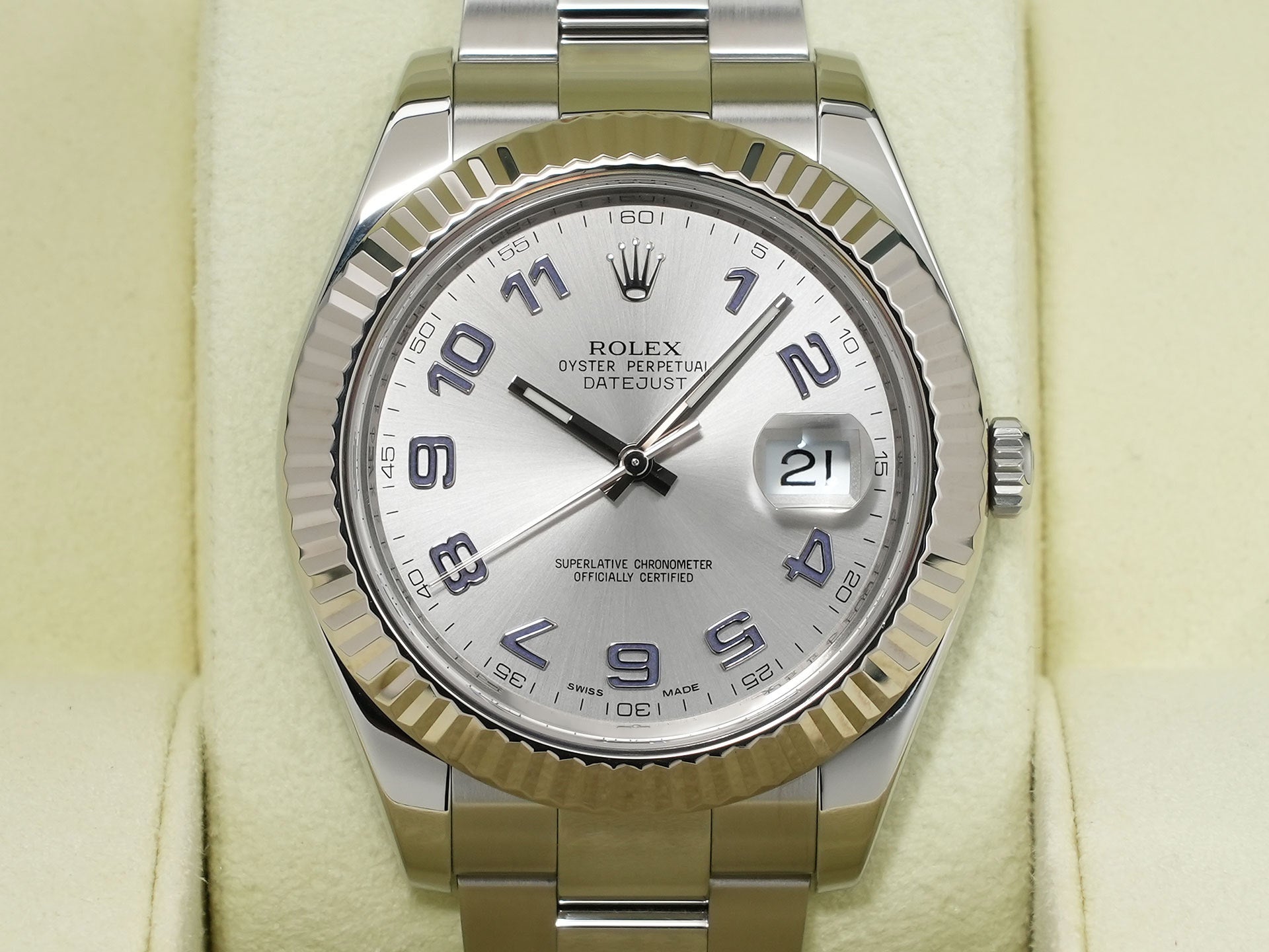 ロレックス デイトジャストII Ref.116334 ステンレススチール/ホワイトゴールド シルバーブルーアラビア文字盤 オイスターブレスレット 美品 3bwmq49b