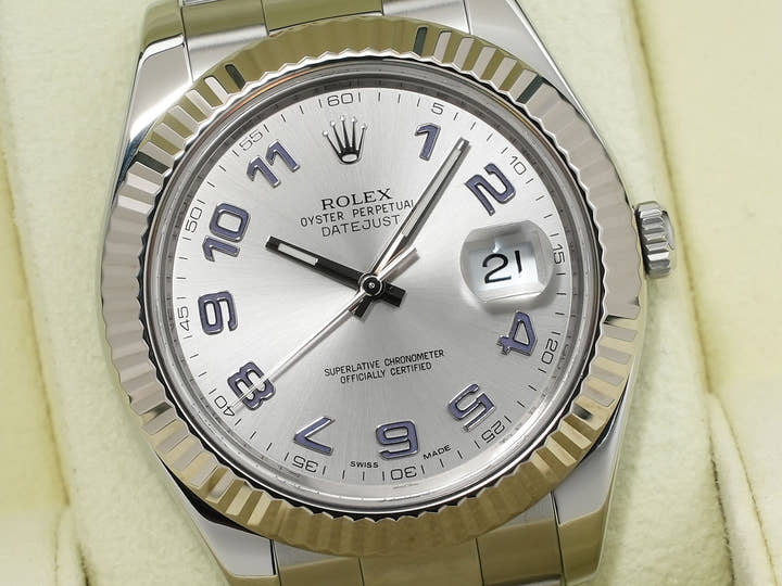ロレックス デイトジャストII Ref.116334 ステンレススチール/ホワイトゴールド シルバーブルーアラビア文字盤 オイスターブレスレット 美品 3bwmq49b