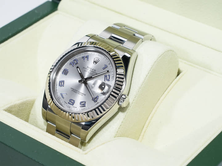 ロレックス デイトジャストII Ref.116334 ステンレススチール/ホワイトゴールド シルバーブルーアラビア文字盤 オイスターブレスレット 美品 3bwmq49b