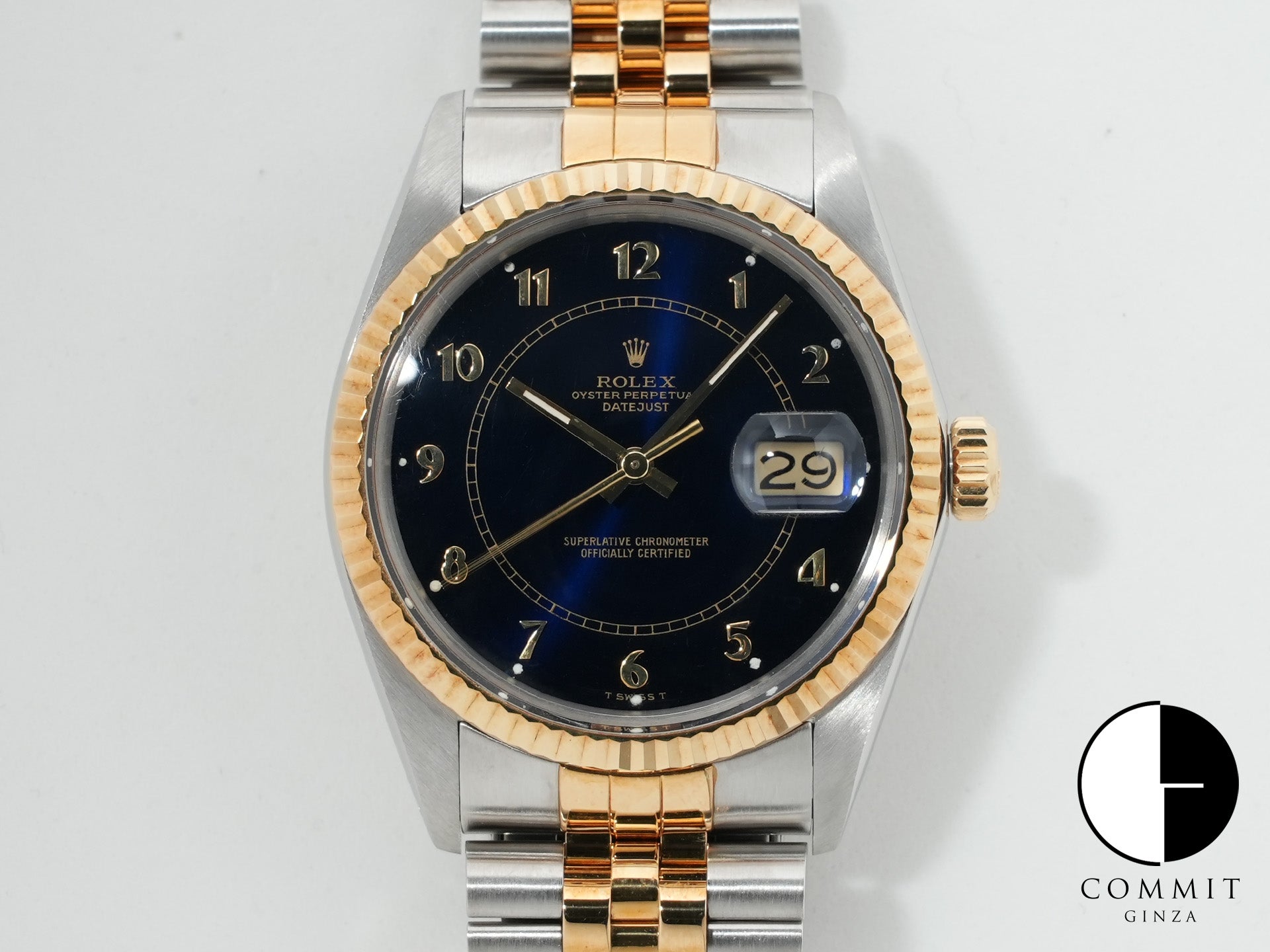 Pre-owned Rolex Datejust Ref. 16013 in stainless steel and yellow gold with a blue sterling silver boiler gauge dial (q3e842fd)