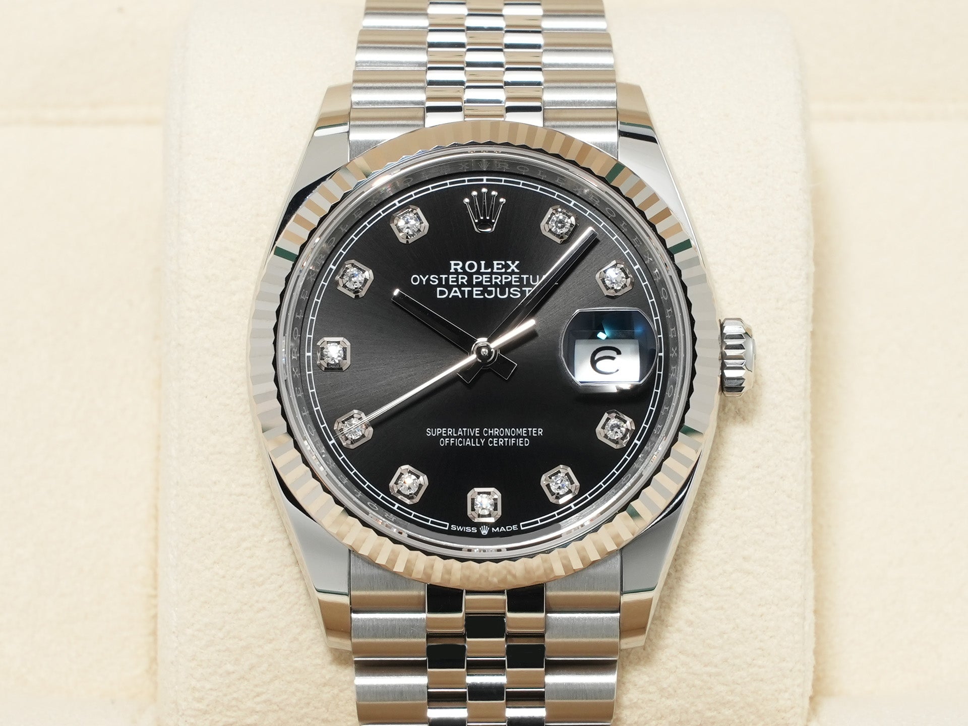 Rolex Datejust 36 Ref. 126234G Stainless Steel/White Gold Black 10-Piece Diamond Dial Jubilee Bracelet Excellent Condition 77q7msvn