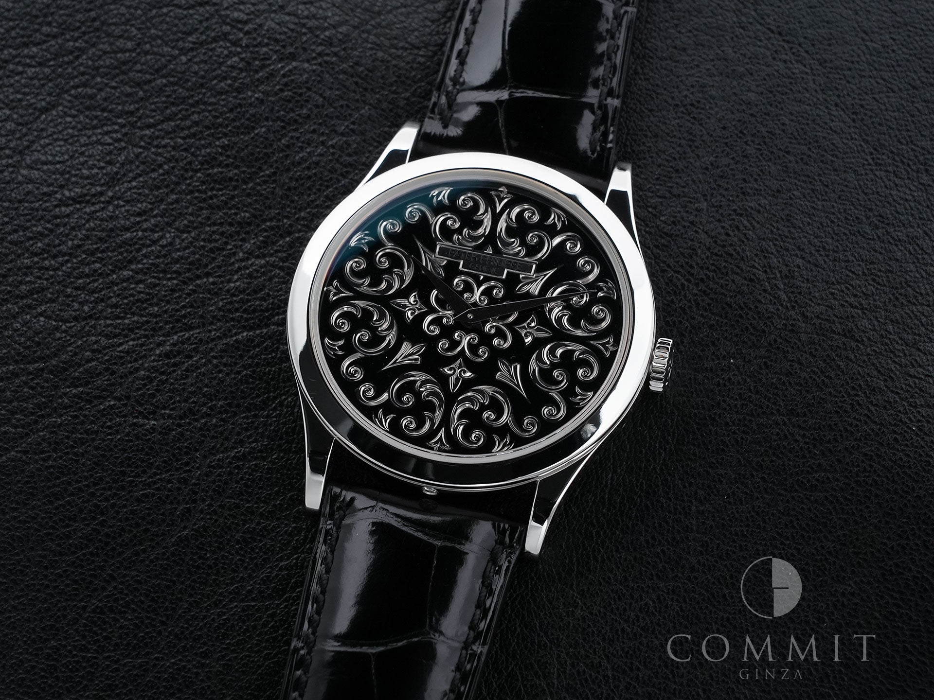 パテックフィリップ カラトラバ Ref.5088P-001 プラチナ 手彫金を施した黒七宝文字盤 美中古 q7ye4ob7