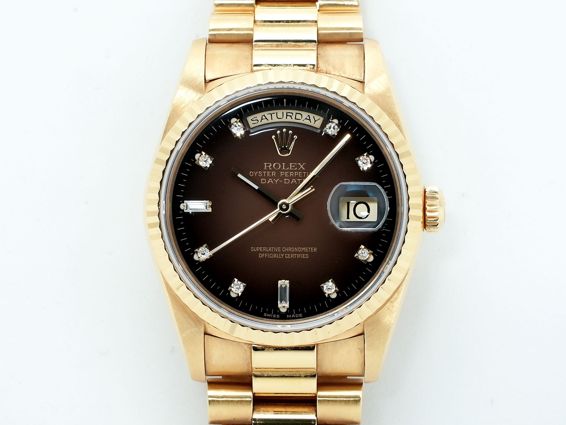 ロレックス デイデイト36 Ref.18238 イエローゴールド ブラウングラデーション×10Pダイヤ文字盤 中古 6b7hn3a4