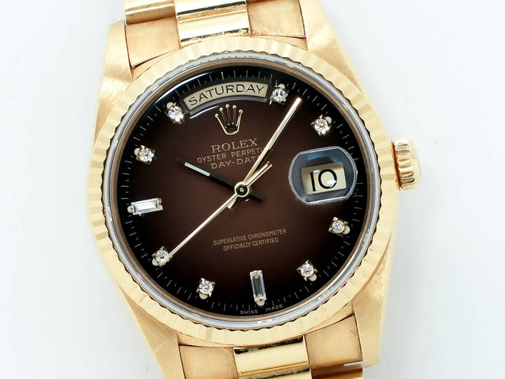 ロレックス デイデイト36 Ref.18238 イエローゴールド ブラウングラデーション×10Pダイヤ文字盤 中古 6b7hn3a4