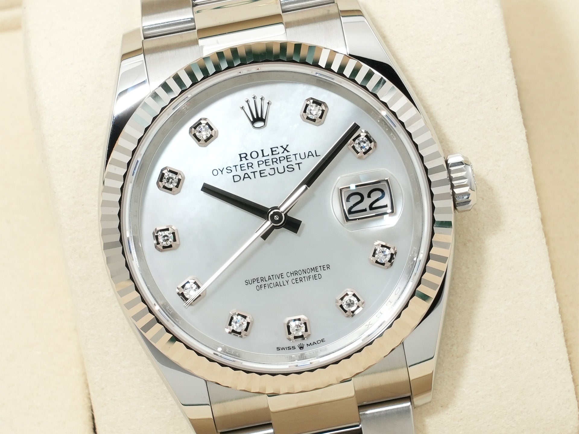 ロレックス デイトジャスト36 Ref.126234NG ステンレススチール/ホワイトゴールド ホワイトシェルx10Pダイヤ文字盤 オイスターブレスレット 未使用 evfcn79u