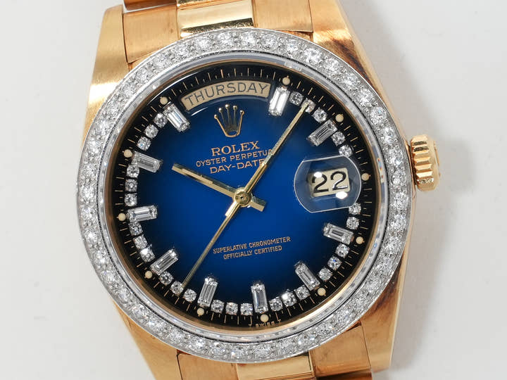 Pre-owned Rolex Day-Date 36 Ref. 18048 Yellow Gold Blue Gradient with Milliard Diamond Dial, President Bracelet (ikzdx52u)