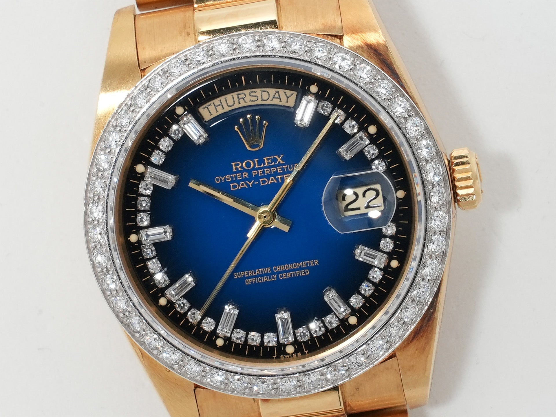 Pre-owned Rolex Day-Date 36 Ref. 18048 Yellow Gold Blue Gradient with Milliard Diamond Dial, President Bracelet (ikzdx52u)