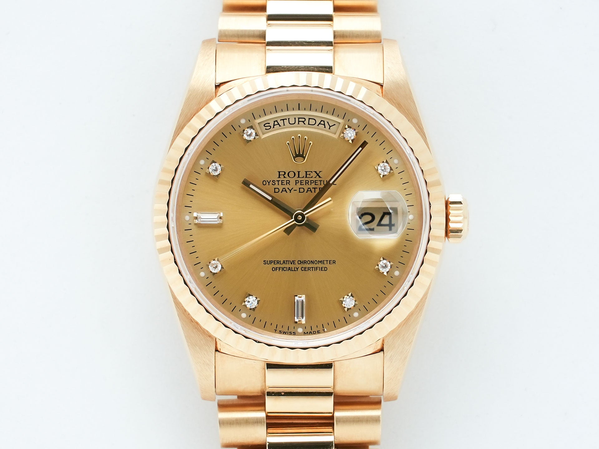 Pre-owned Rolex Day-Date 36 Ref. 18238A Yellow Gold Champagne with 10 Diamond Dial (poccisp5)