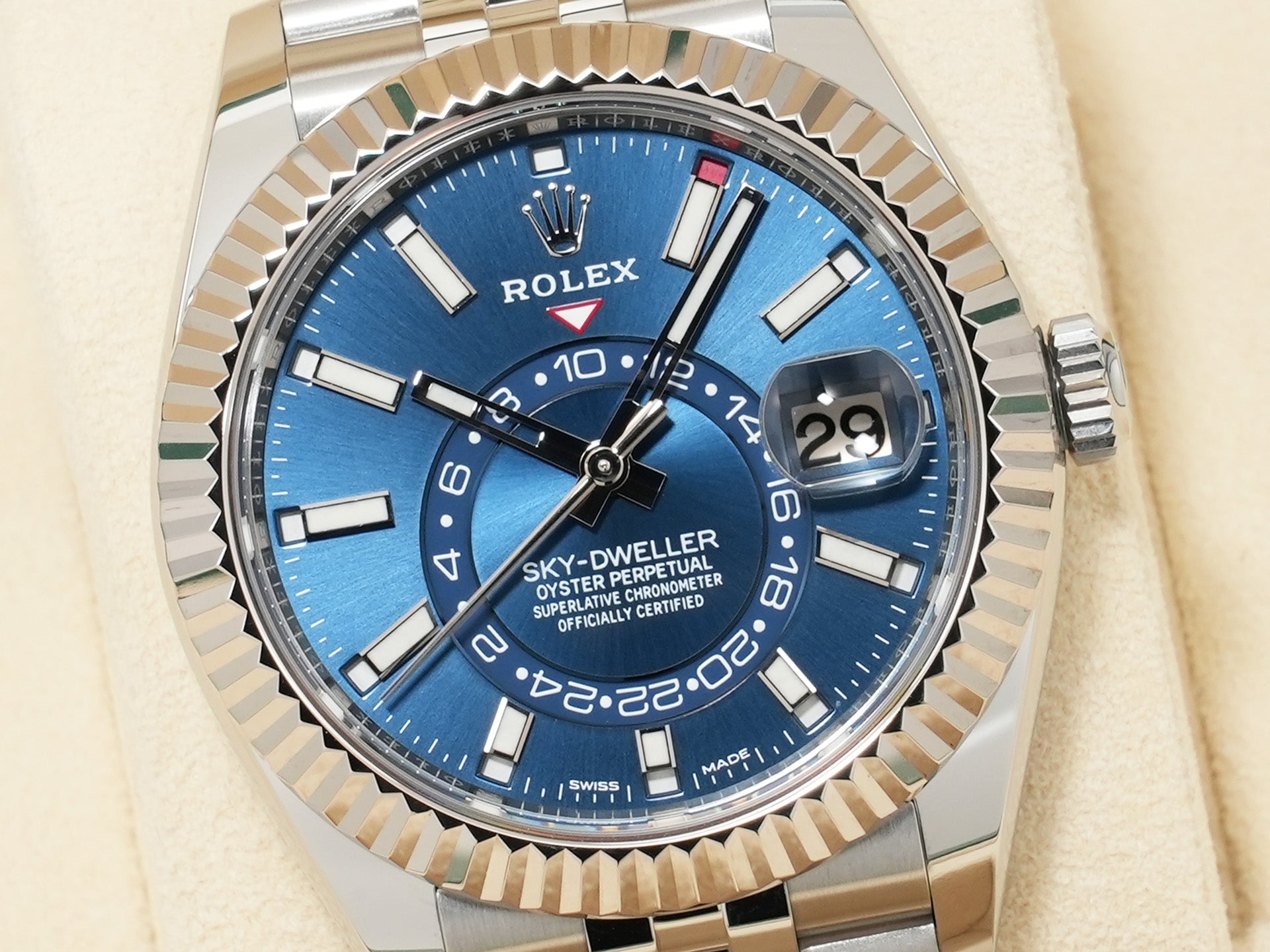 Pre-owned Rolex Sky-Dweller Ref. 326934 in stainless steel/white gold with a blue dial and Jubilee bracelet.