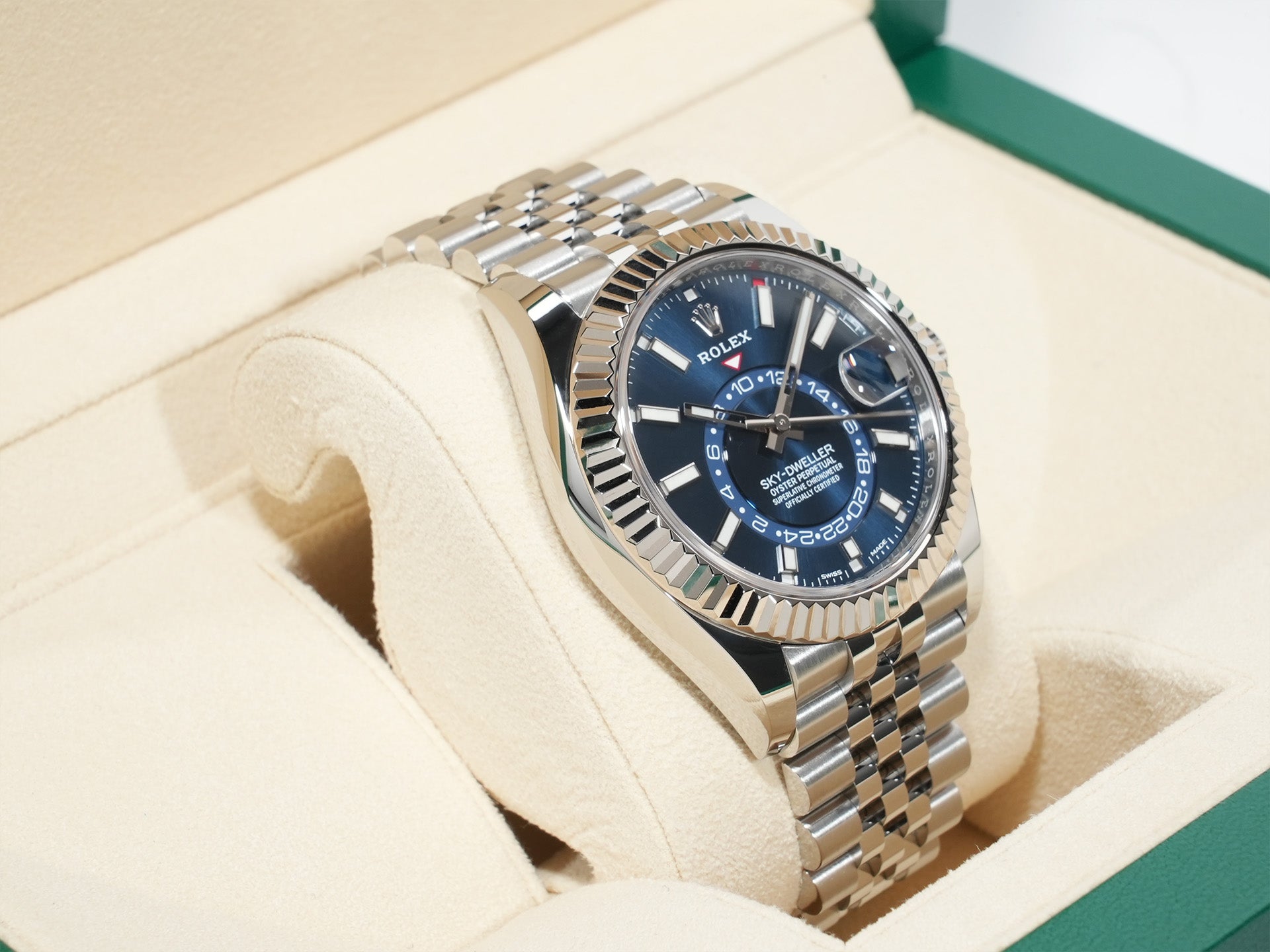 Pre-owned Rolex Sky-Dweller Ref. 326934 in stainless steel/white gold with a blue dial and Jubilee bracelet.