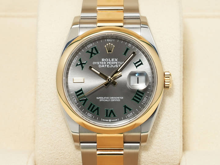 ロレックス デイトジャスト36 Ref.126203 ステンレススチール/イエローゴールド スレートローマン文字盤 オイスターブレスレット 中古 xafwm2st