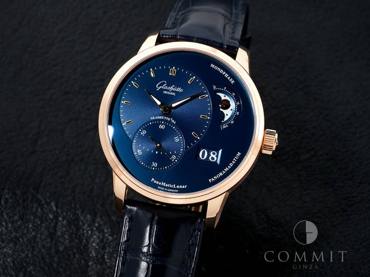 グラスヒュッテオリジナル パナマティック ルナ Ref.1-90-02-11-35-61 レッドゴールド ブルー文字盤 中古 jufxy2ab