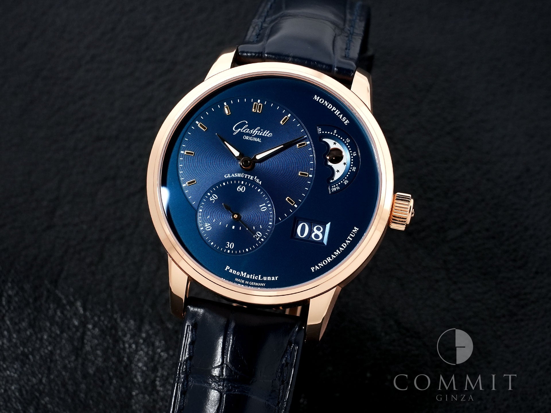 グラスヒュッテオリジナル パナマティック ルナ Ref.1-90-02-11-35-61 レッドゴールド ブルー文字盤 中古 jufxy2ab