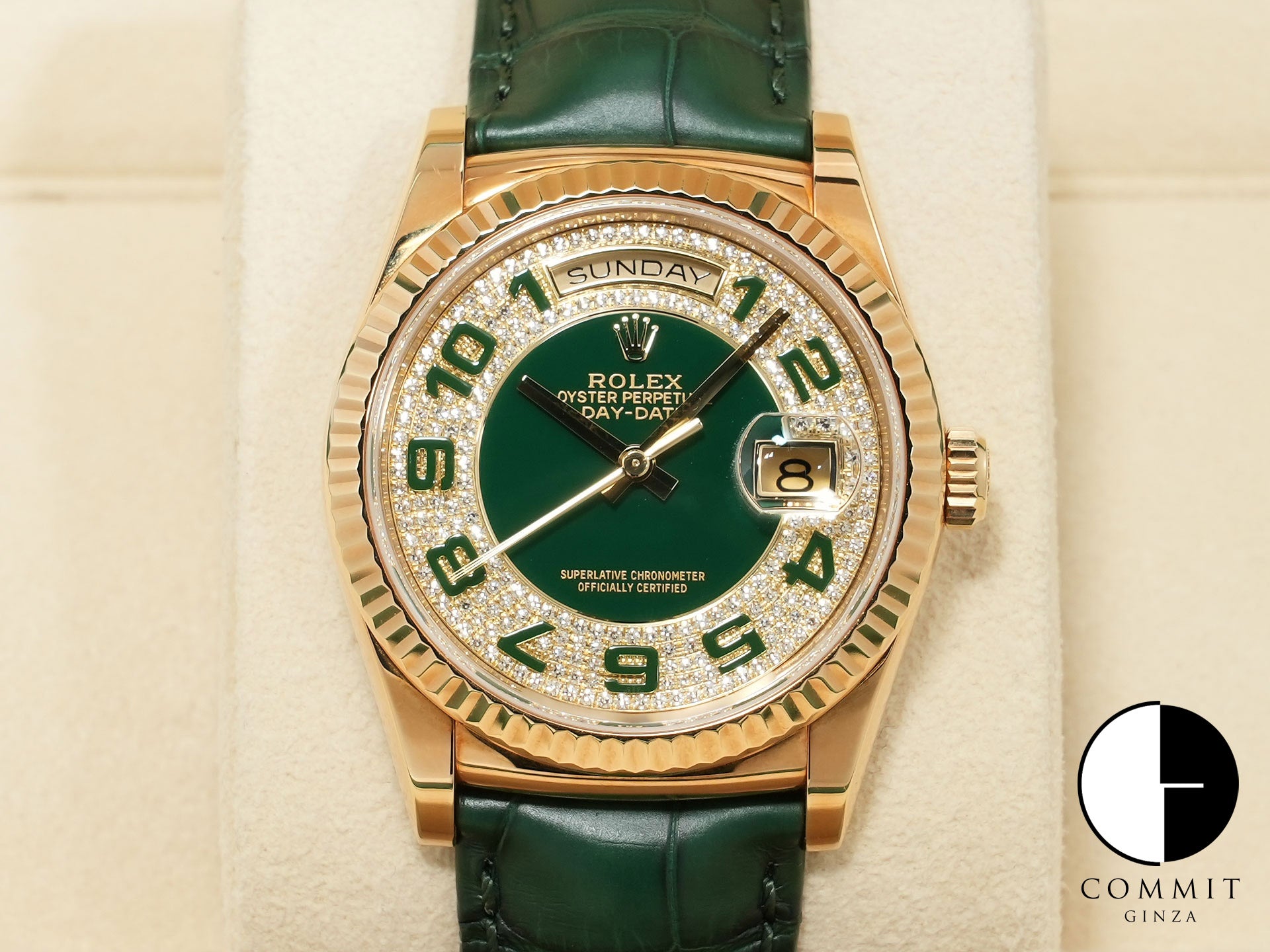 ロレックス デイデイト36 Ref.118138 イエローゴールド グリーンアラビアxパヴェダイヤ文字盤 美中古 5jn4vv93