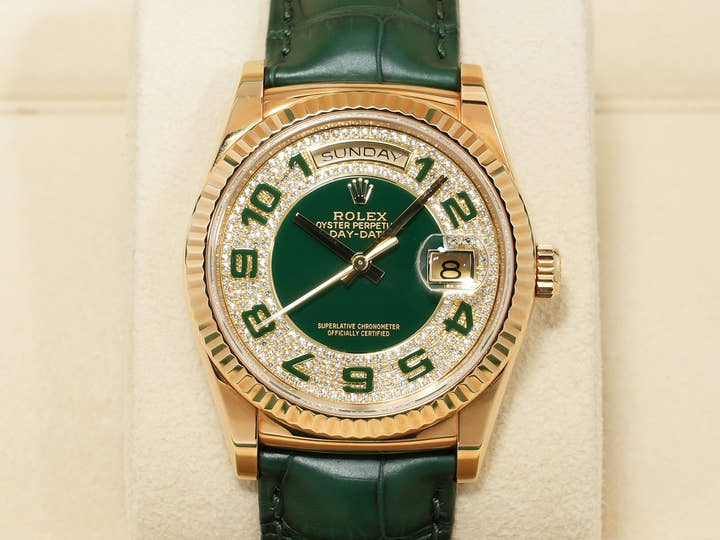 ロレックス デイデイト36 Ref.118138 イエローゴールド グリーンアラビアxパヴェダイヤ文字盤 美中古 5jn4vv93