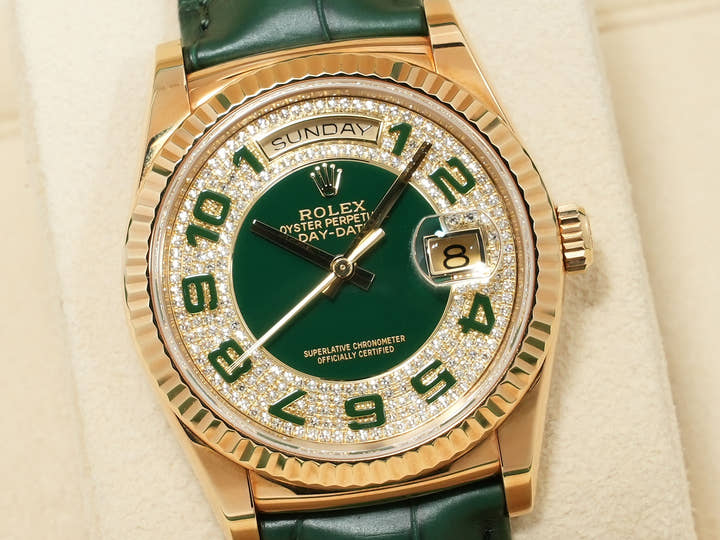 ロレックス デイデイト36 Ref.118138 イエローゴールド グリーンアラビアxパヴェダイヤ文字盤 美中古 5jn4vv93