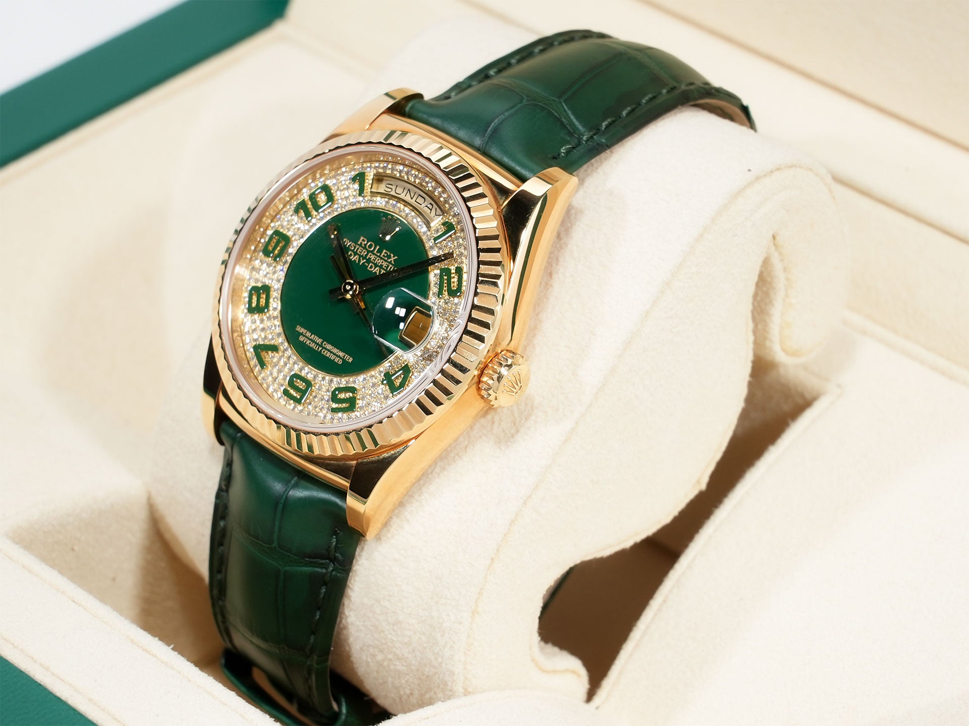 ロレックス デイデイト36 Ref.118138 イエローゴールド グリーンアラビアxパヴェダイヤ文字盤 美中古 5jn4vv93