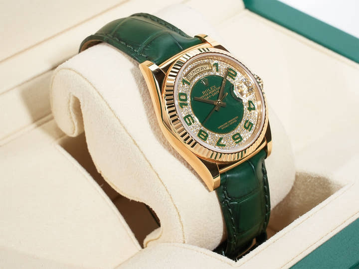 ロレックス デイデイト36 Ref.118138 イエローゴールド グリーンアラビアxパヴェダイヤ文字盤 美中古 5jn4vv93