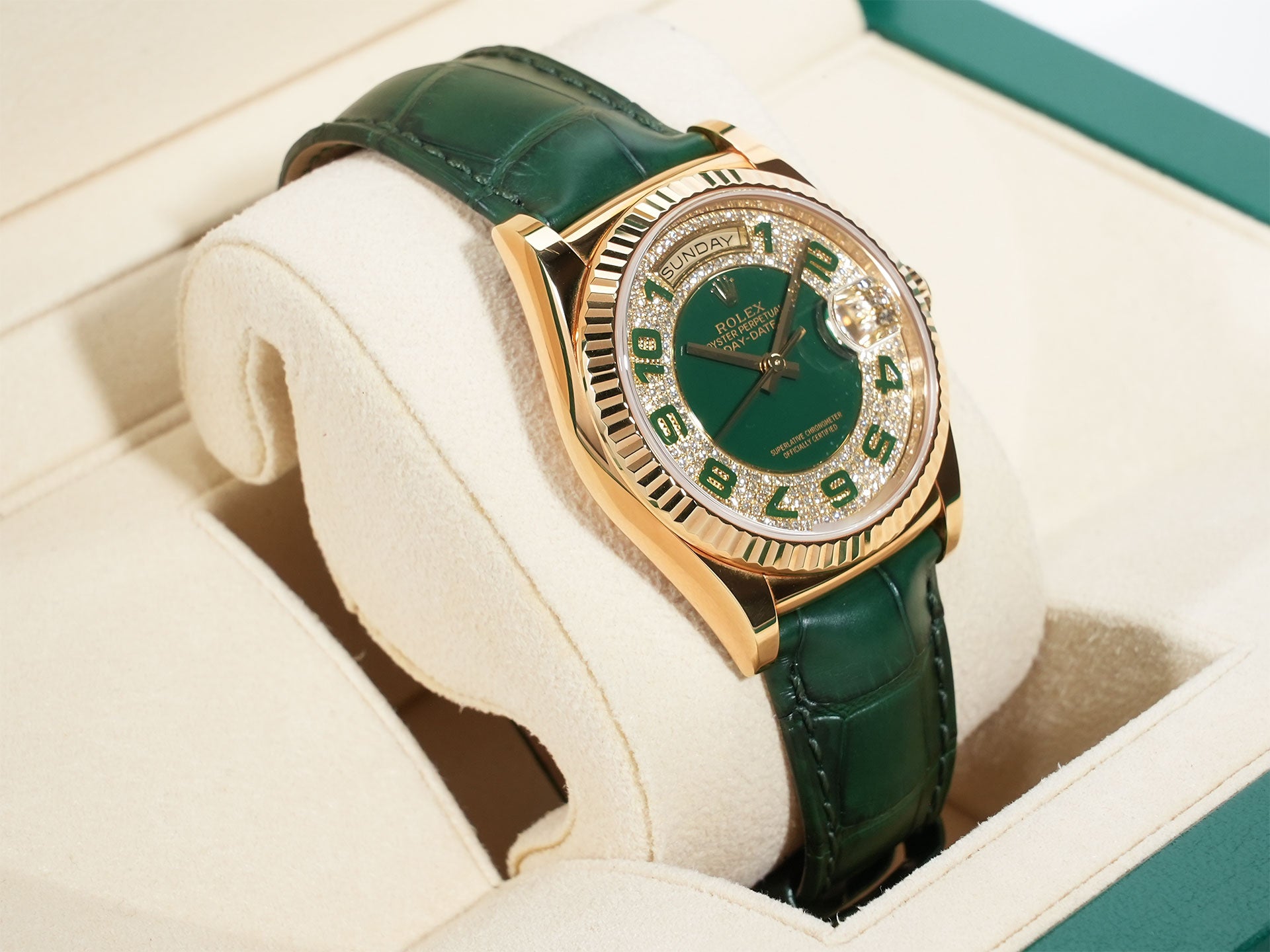ロレックス デイデイト36 Ref.118138 イエローゴールド グリーンアラビアxパヴェダイヤ文字盤 美中古 5jn4vv93