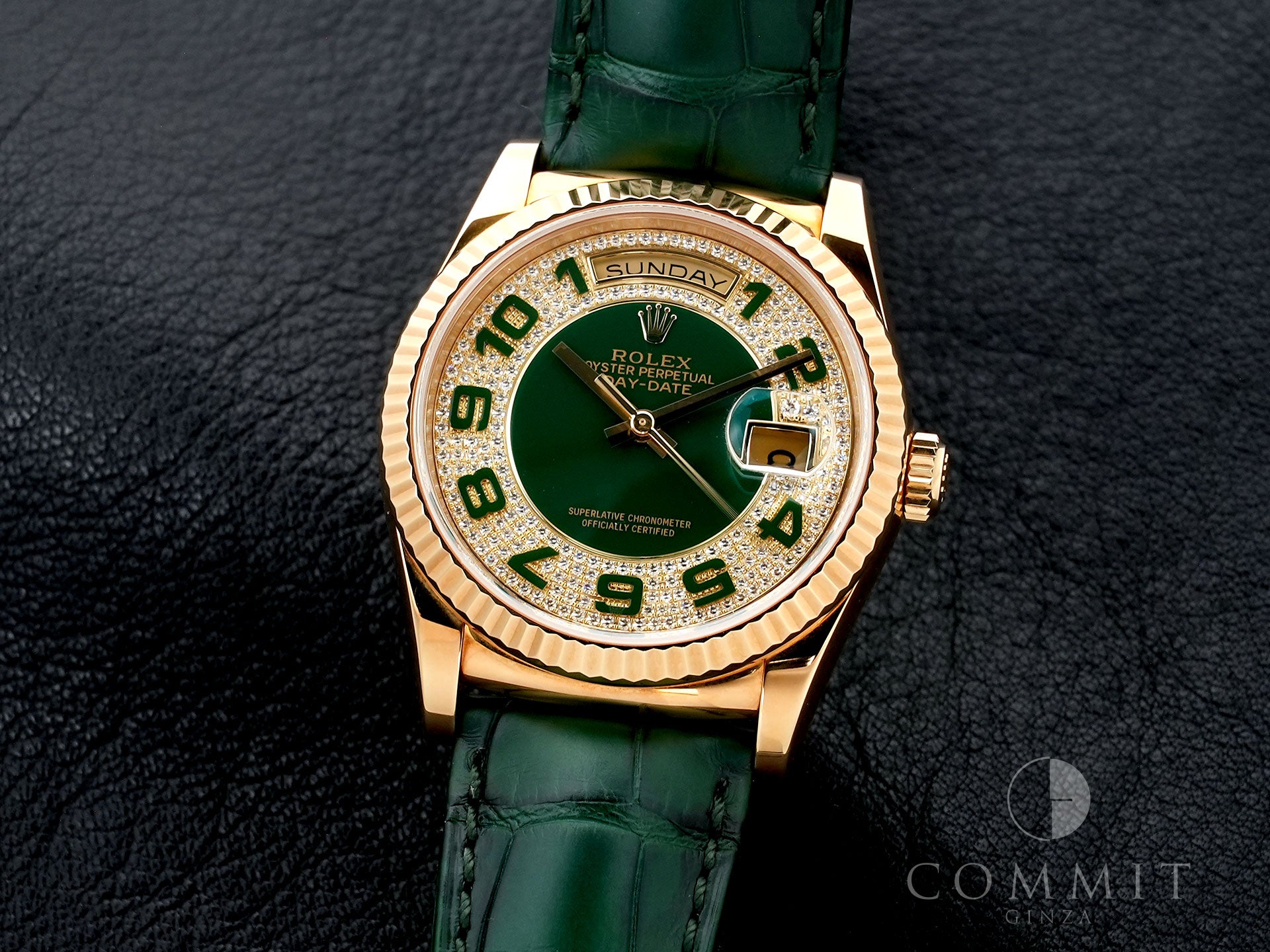 ロレックス デイデイト36 Ref.118138 イエローゴールド グリーンアラビアxパヴェダイヤ文字盤 美中古 5jn4vv93