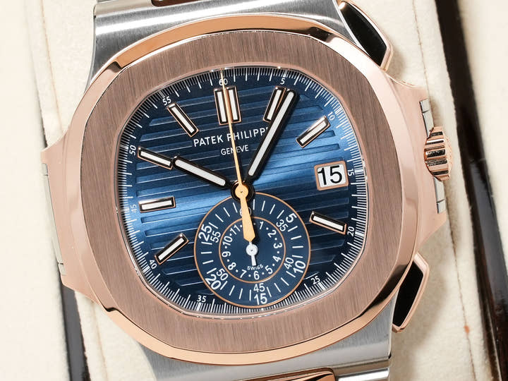 パテックフィリップ ノーチラス クロノグラフ Ref.5980/1AR-001 ステンレススチール/ローズゴールド ブルー文字盤 美品 ajpko7io