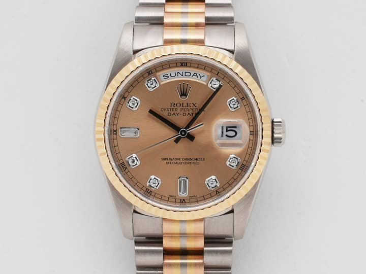 ロレックス デイデイト トリドール Ref.18239A BIC ホワイトゴールド/ピンクゴールド/イエローゴールド シャンパンx10Pダイヤ文字盤 中古 9cb5bwqx