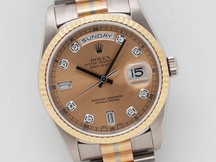 ロレックス デイデイト トリドール Ref.18239A BIC ホワイトゴールド/ピンクゴールド/イエローゴールド シャンパンx10Pダイヤ文字盤 中古 9cb5bwqx