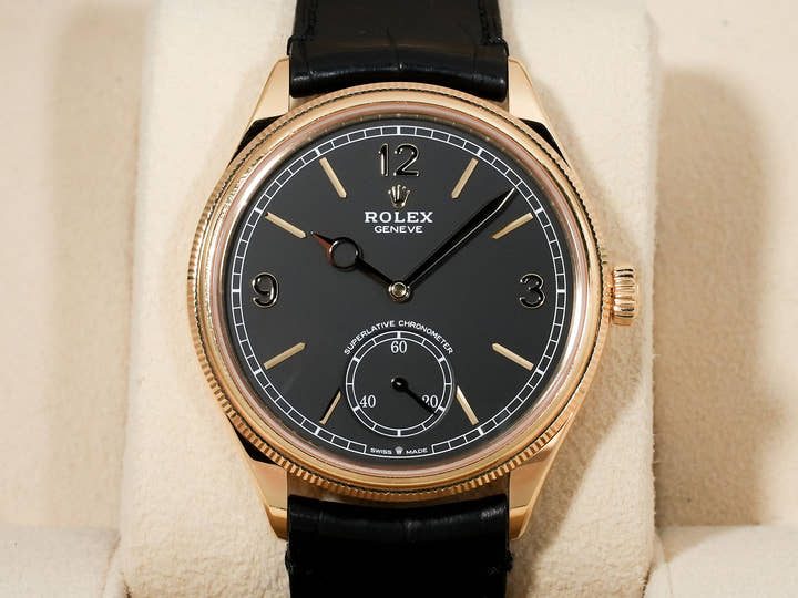 ロレックス 1908 Ref.52508 イエローゴールド ブラック文字盤 革ベルト 中古 jtz9yazw