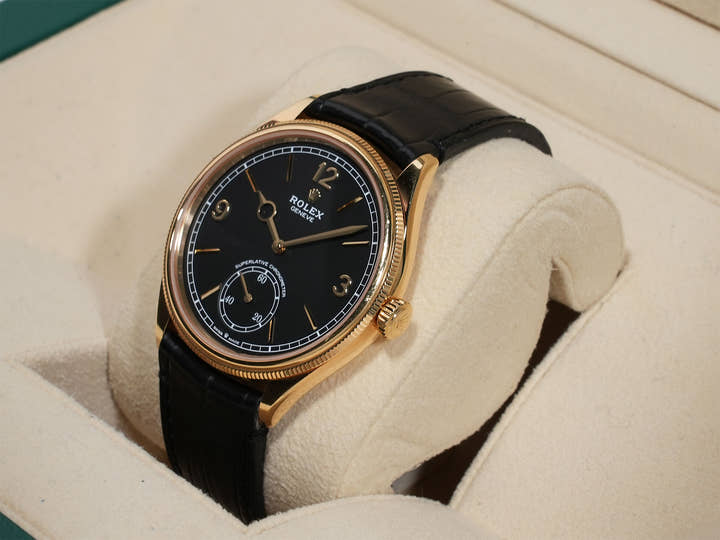 ロレックス 1908 Ref.52508 イエローゴールド ブラック文字盤 革ベルト 中古 jtz9yazw