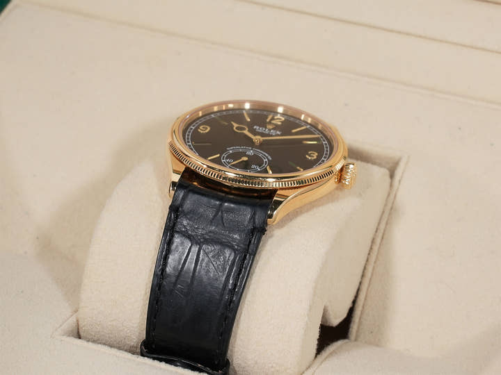 ロレックス 1908 Ref.52508 イエローゴールド ブラック文字盤 革ベルト 中古 jtz9yazw
