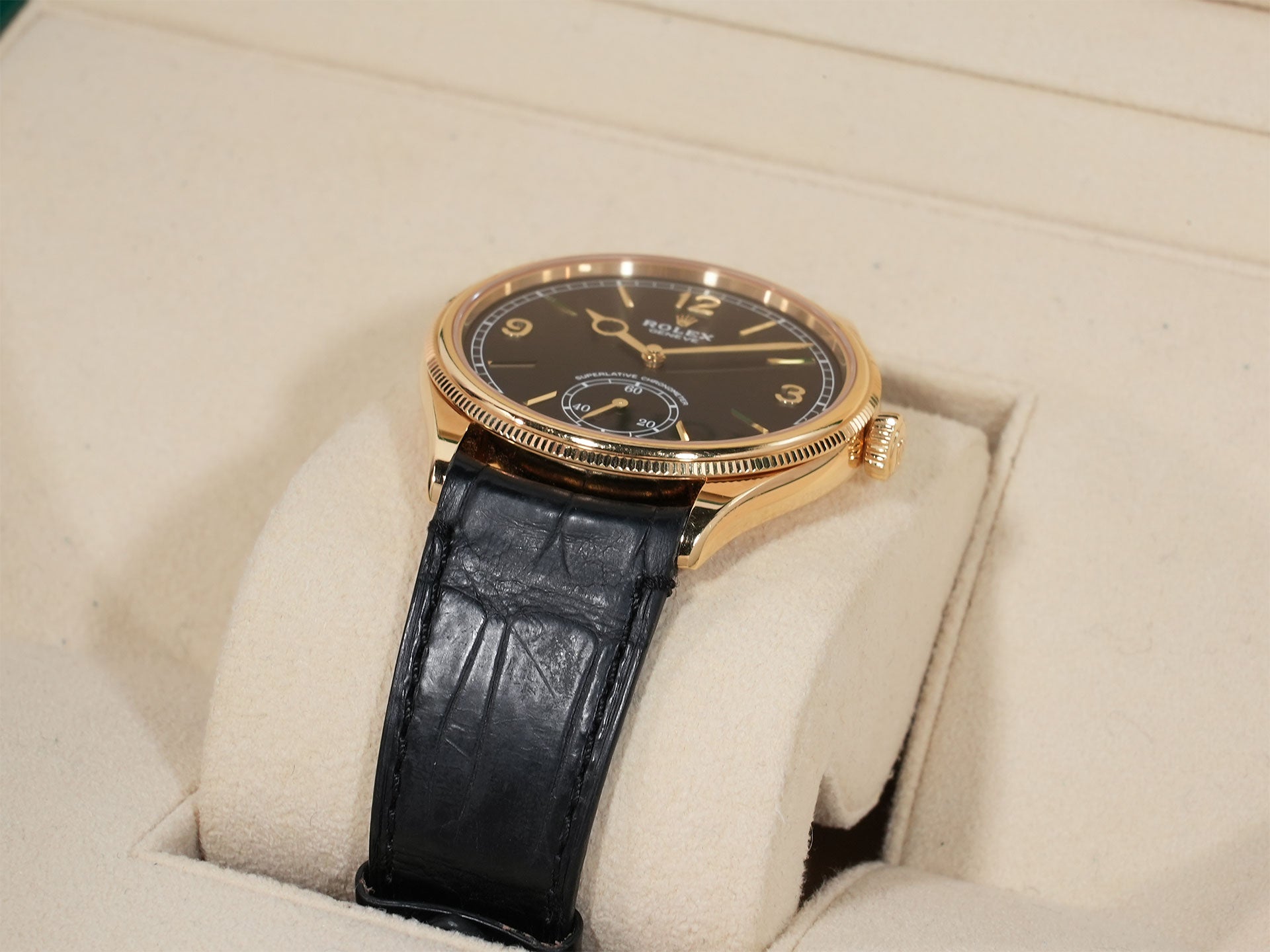 ロレックス 1908 Ref.52508 イエローゴールド ブラック文字盤 革ベルト 中古 jtz9yazw