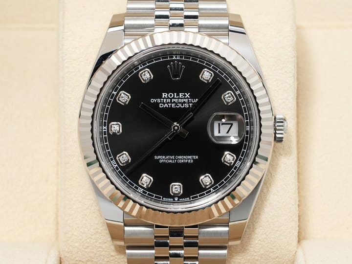 ロレックス デイトジャスト41 Ref.126334G ステンレススチール/ホワイトゴールド ブラックx10Pダイヤ文字盤 ジュビリーブレスレット 中古 xebjw2ig