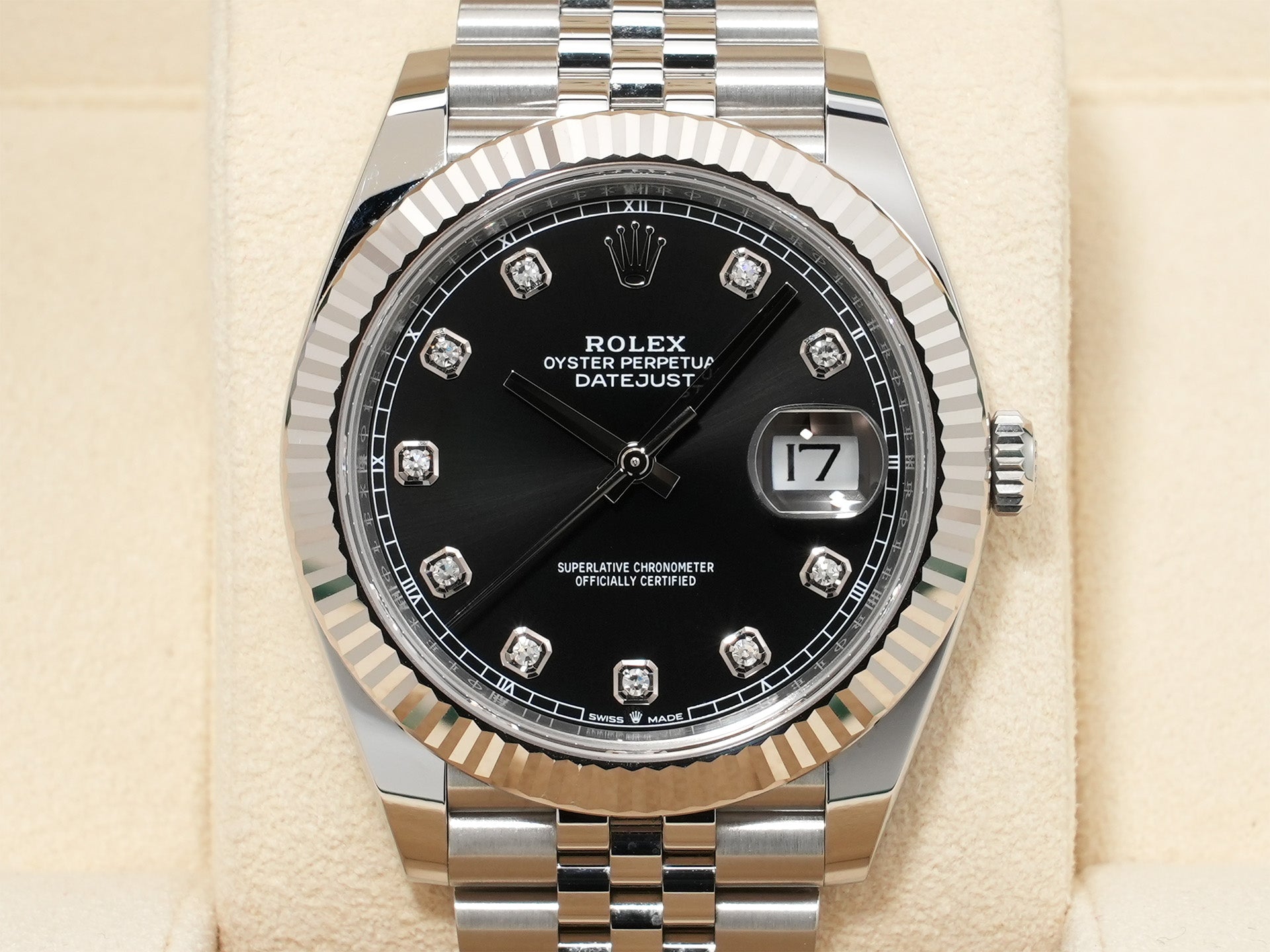 ロレックス デイトジャスト41 Ref.126334G ステンレススチール/ホワイトゴールド ブラックx10Pダイヤ文字盤 ジュビリーブレスレット 中古 xebjw2ig