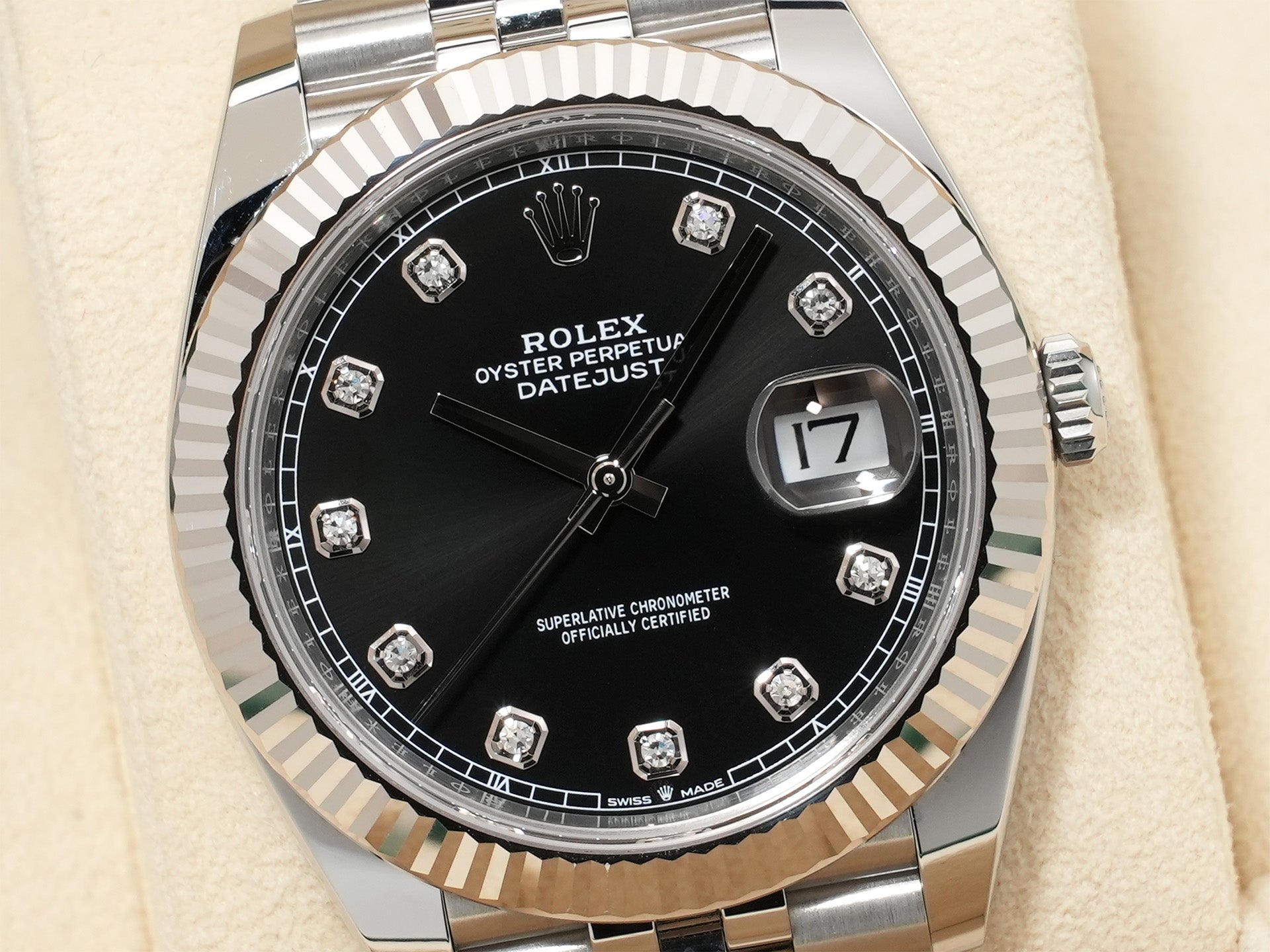 ロレックス デイトジャスト41 Ref.126334G ステンレススチール/ホワイトゴールド ブラックx10Pダイヤ文字盤 ジュビリーブレスレット 中古 xebjw2ig