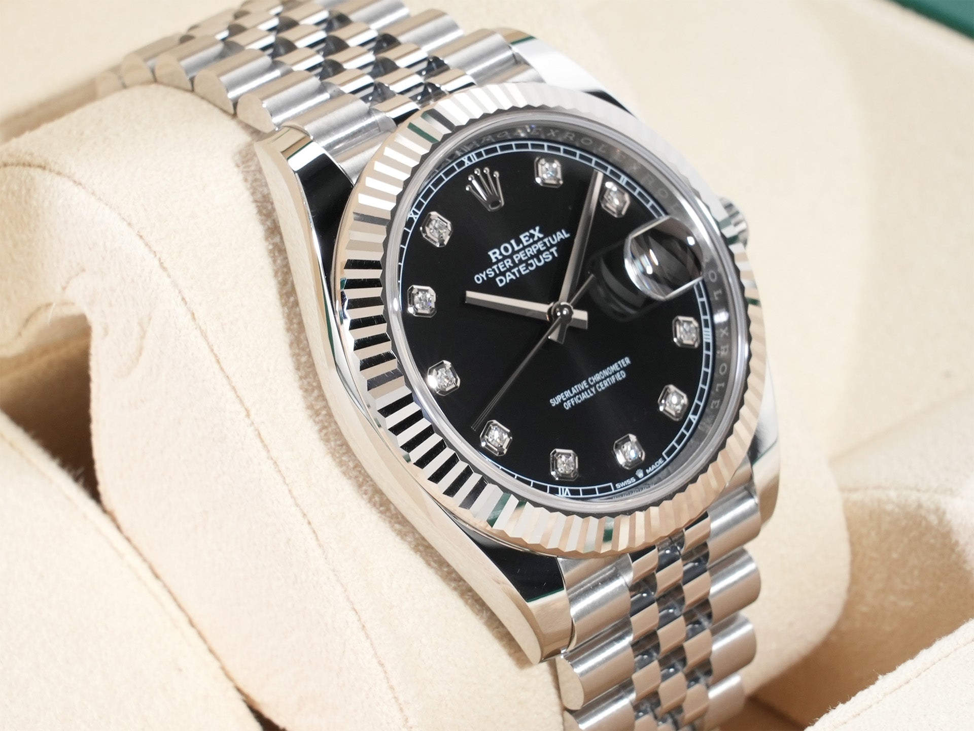ロレックス デイトジャスト41 Ref.126334G ステンレススチール/ホワイトゴールド ブラックx10Pダイヤ文字盤 ジュビリーブレスレット 中古 xebjw2ig