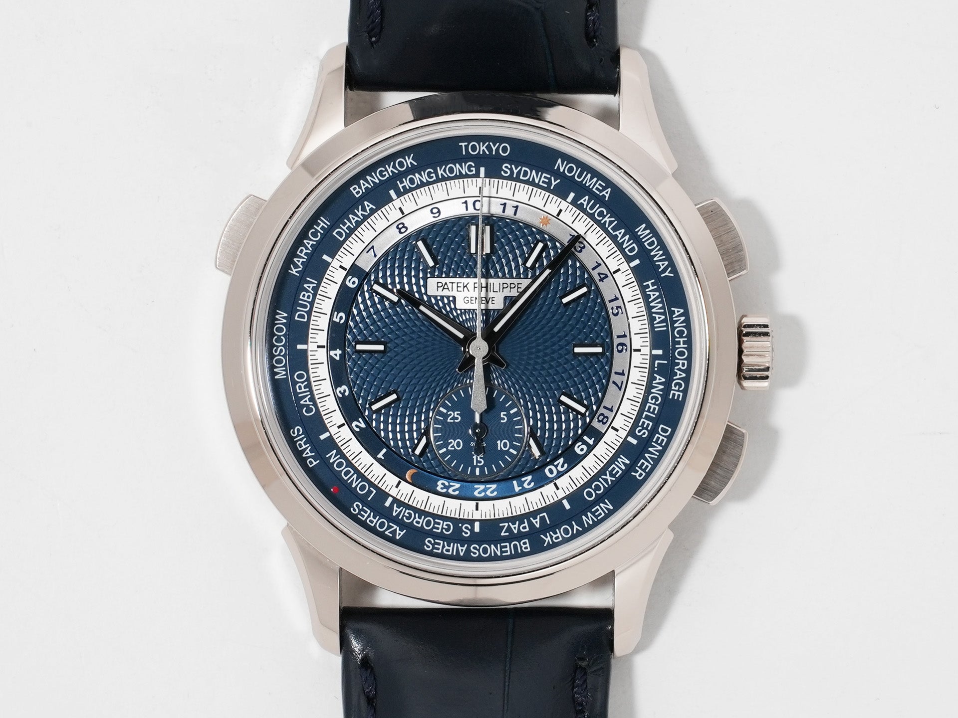 パテックフィリップ コンプリケーション ワールドタイム クロノグラフ Ref.5930G-001 ホワイトゴールド ブルー文字盤 美中古 aj7v3c7p