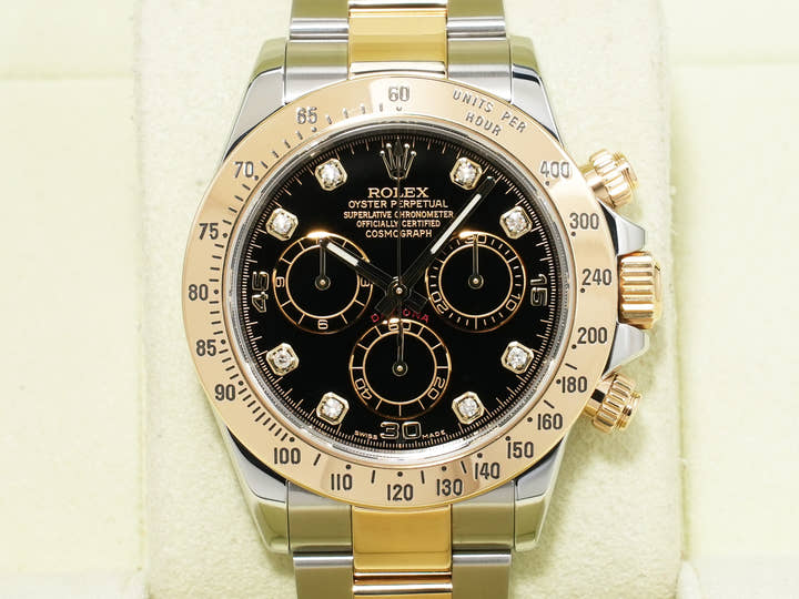 ロレックス デイトナ Ref.116523G ステンレススチール/イエローゴールド ブラックx8Pダイヤ文字盤 美中古 9vei8fvu