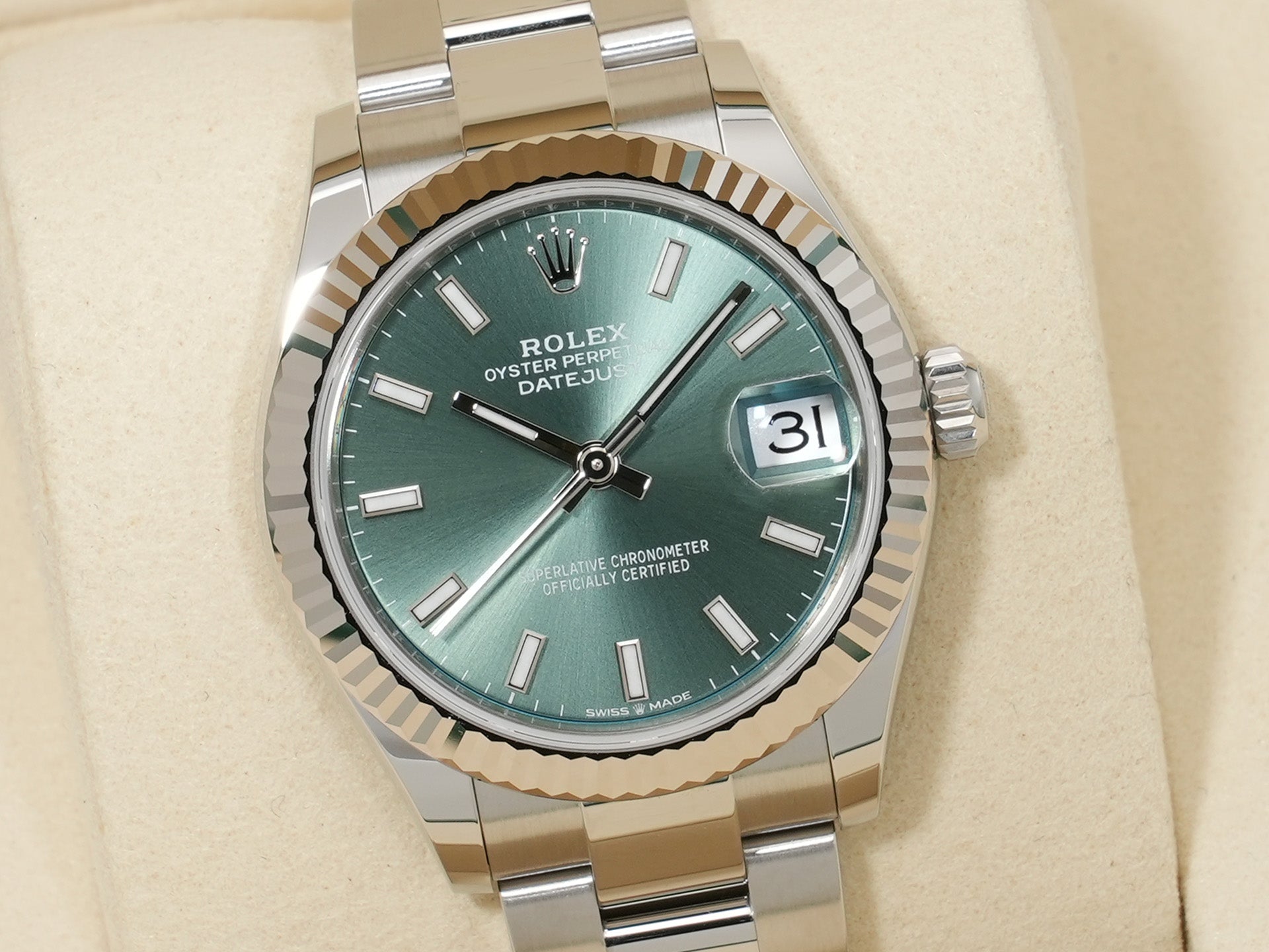 ロレックス デイトジャスト31 Ref.278274 ステンレススチール/ホワイトゴールド ミントグリーン文字盤 オイスターブレスレット 未使用 gq488t9g