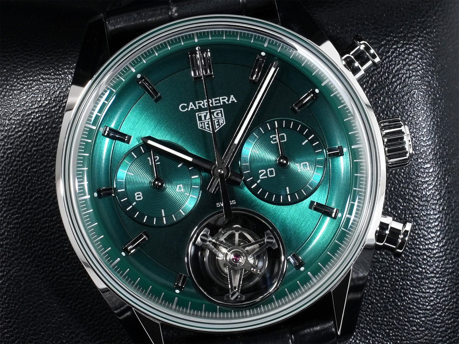 TAG Heuer Carrera Tourbillon Chronograph Ref. CBS5011.FC6566 Stainless Steel Green Dial Excellent Condition eazfusxr