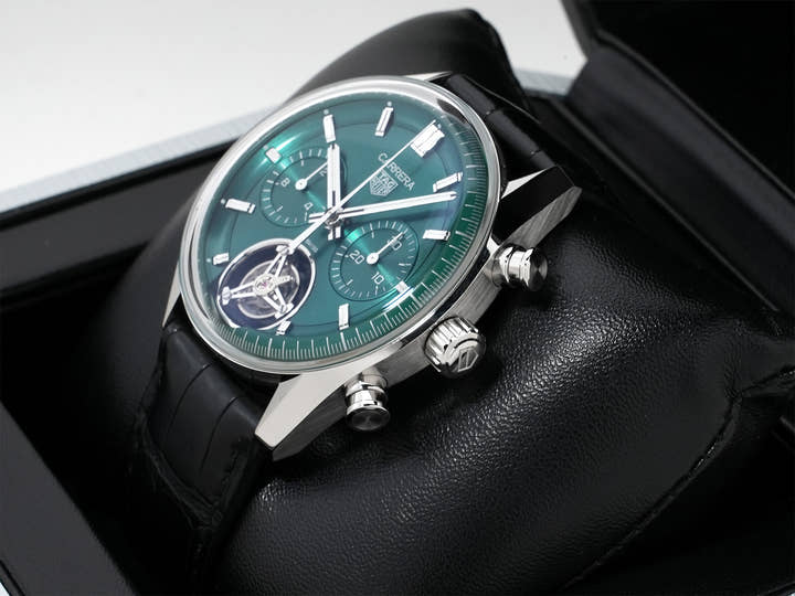 TAG Heuer Carrera Tourbillon Chronograph Ref. CBS5011.FC6566 Stainless Steel Green Dial Excellent Condition eazfusxr