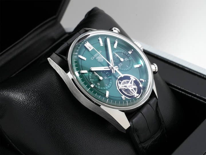 TAG Heuer Carrera Tourbillon Chronograph Ref. CBS5011.FC6566 Stainless Steel Green Dial Excellent Condition eazfusxr