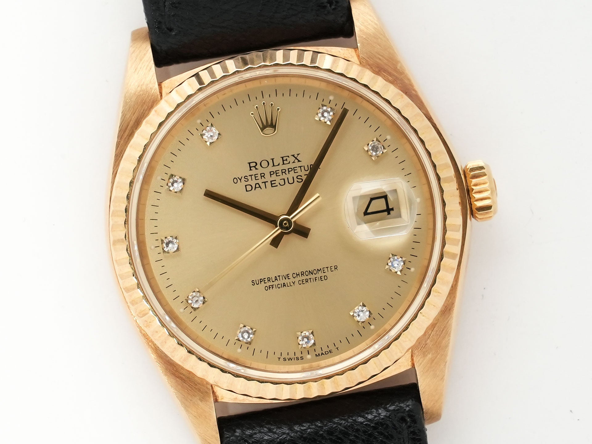 ロレックス デイトジャスト Ref.16018 イエローゴールド シャンパンx10Pダイヤ文字盤 革ベルト 美中古 rm3epohi