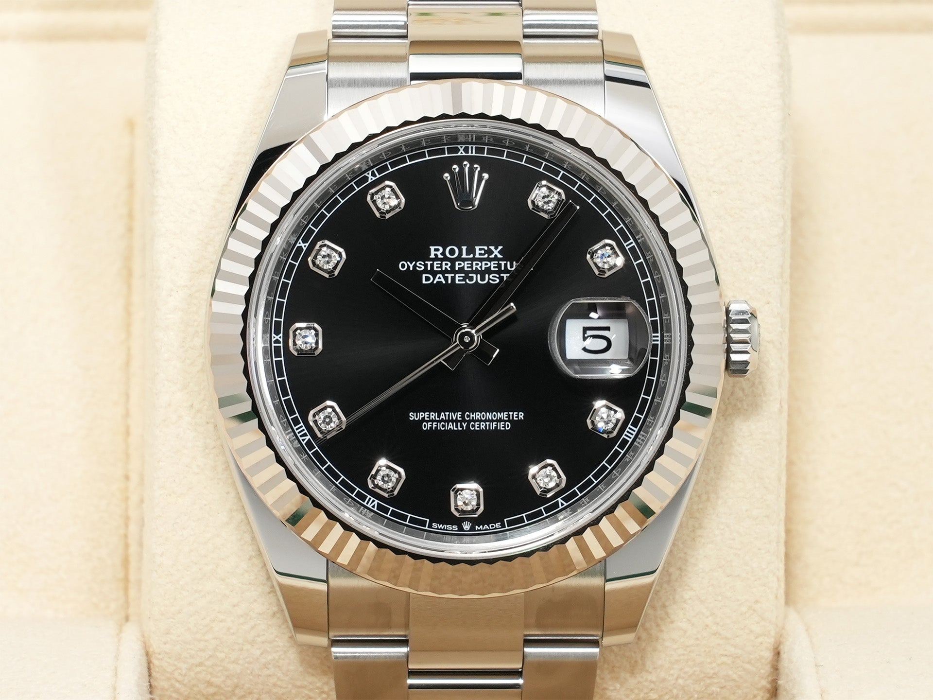 ロレックス デイトジャスト41 Ref.126334G ステンレススチール/ホワイトゴールド ブラックx10Pダイヤ文字盤 オイスターブレスレット 美中古 7thnqytp