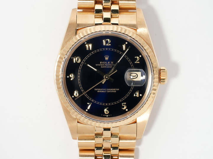 ロレックス デイトジャスト Ref.16018 イエローゴールド ブルーステラボイラーゲージ文字盤 中古 j7senwe6