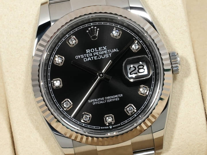 ロレックス デイトジャスト36 Ref.126234G ステンレススチール/ホワイトゴールド ブラックx10Pダイヤ文字盤 オイスターブレスレット 未使用 rxb4eg8b