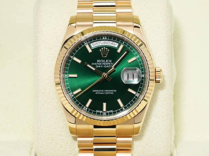ロレックス デイデイト36 Ref.118238 イエローゴールド グリーン文字盤 美中古 tpmksz47